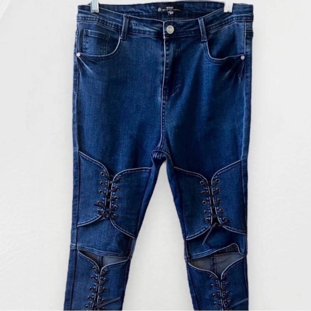 RARE Jeans MISSGUIDED REBEL HIGH WAIST SUPER STRETCH SKINNY Laced Legs Size 8